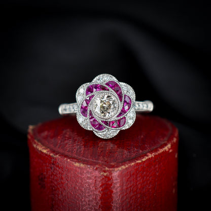 Art Deco Style Ruby and Old Cut Diamond Flower Cluster Platinum Ring