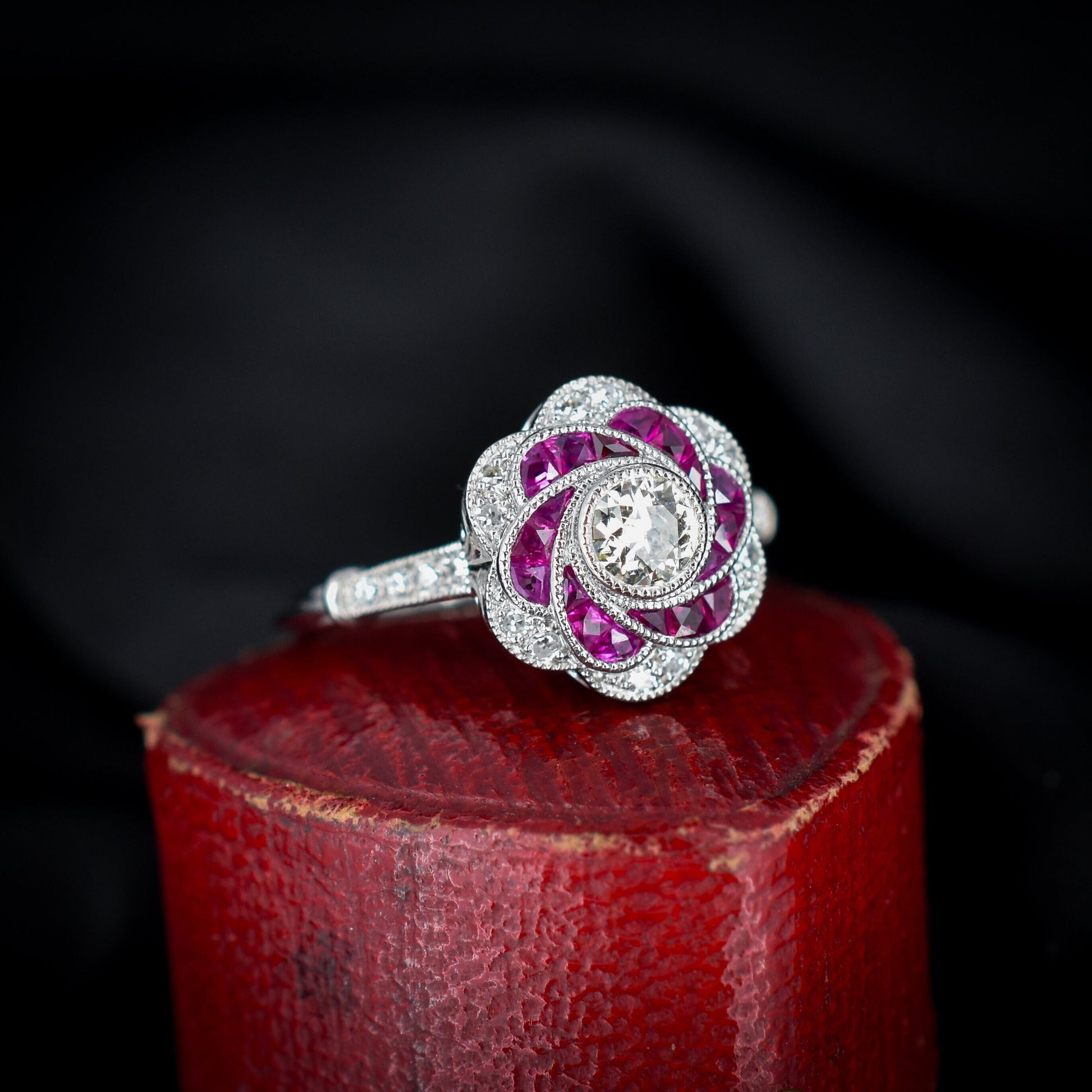 Art Deco Style Ruby and Old Cut Diamond Flower Cluster Platinum Ring