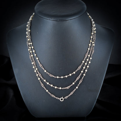 Art Deco Pearl Long Guard Muff Chain Silver Sautoir Necklace | 51"