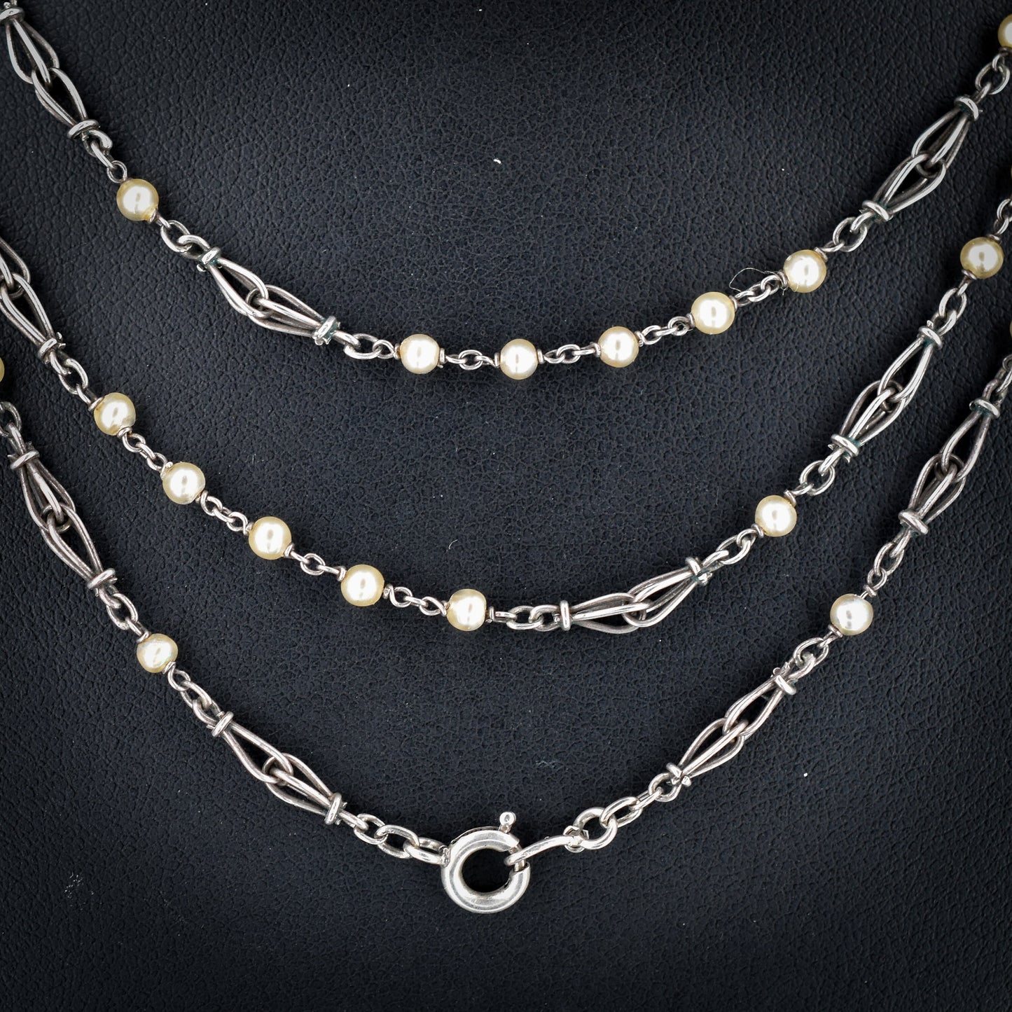 Art Deco Pearl Long Guard Muff Chain Silver Sautoir Necklace | 51"