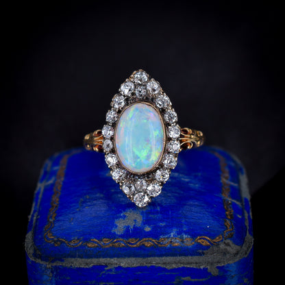 Antique Victorian Opal and Diamond Navette Cluster 18ct Gold Ring