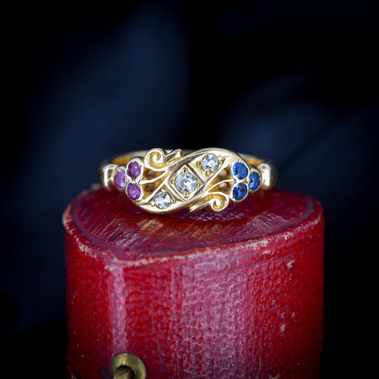 Antique Sapphire Ruby and Diamond 18ct Gold Gypsy Band Ring