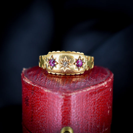 Antique Ruby Diamond Starburst 18ct Gold Gypsy Band Ring | Dated 1900