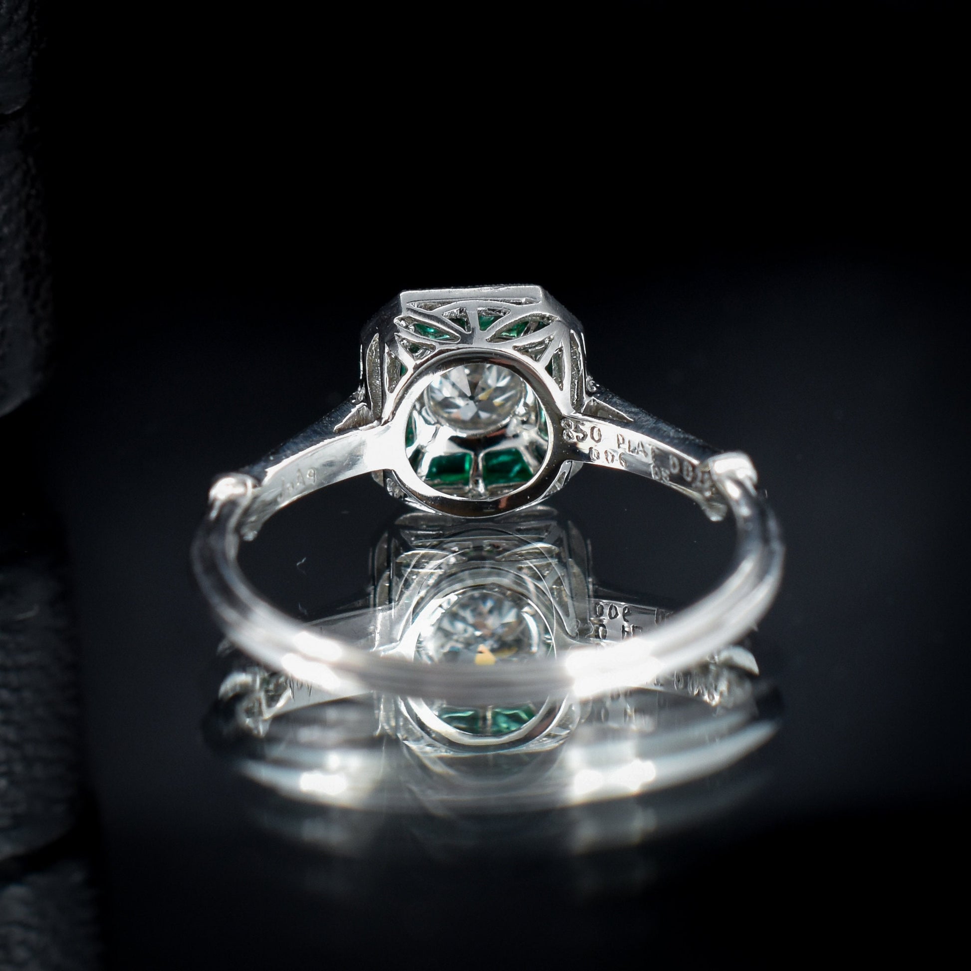 Emerald and Old Cut Diamond Cluster Halo Platinum Ring | Engagement | Art Deco Style