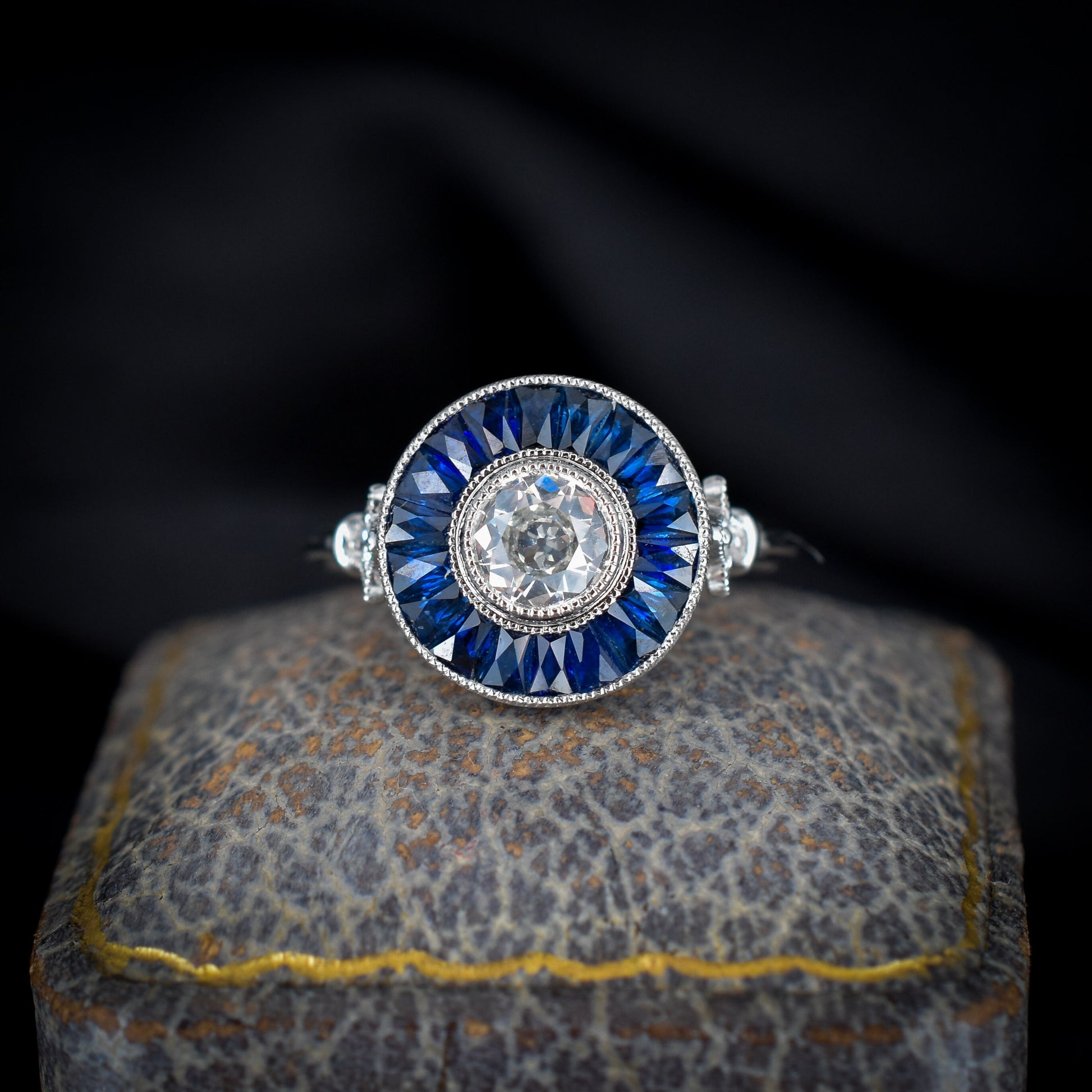 Art Deco Style Blue Sapphire and Diamond Round Target Platinum Ring | .52ct Centre