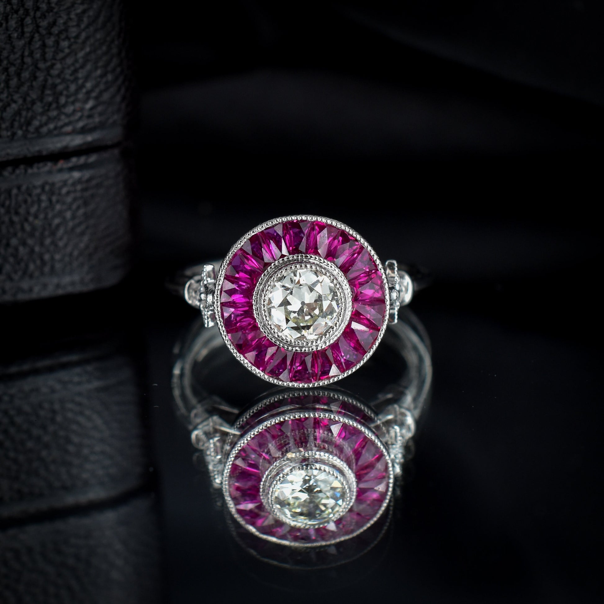 Art Deco Style Ruby and Old Cut Diamond Platinum Target Halo Ring
