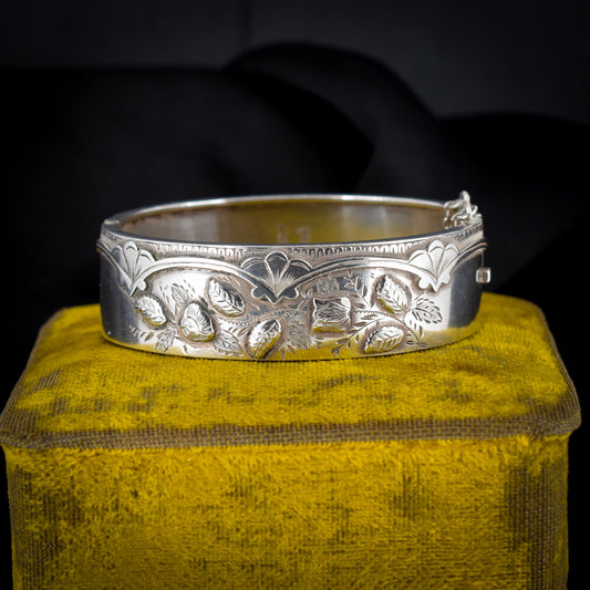 Antique Victorian Silver Floral Cuff Bangle Bracelet | Dated 1884