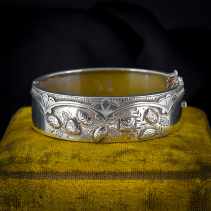 Antique Victorian Silver Floral Cuff Bangle Bracelet | Dated 1884