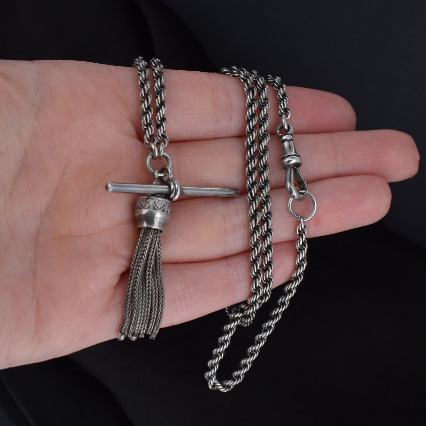 Antique Silver Albertina Albert Chain Necklace with Tassel