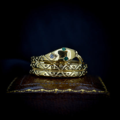 Emerald Snake Serpent 18ct 18K Yellow Gold on Silver Ring | Antique Victorian Style