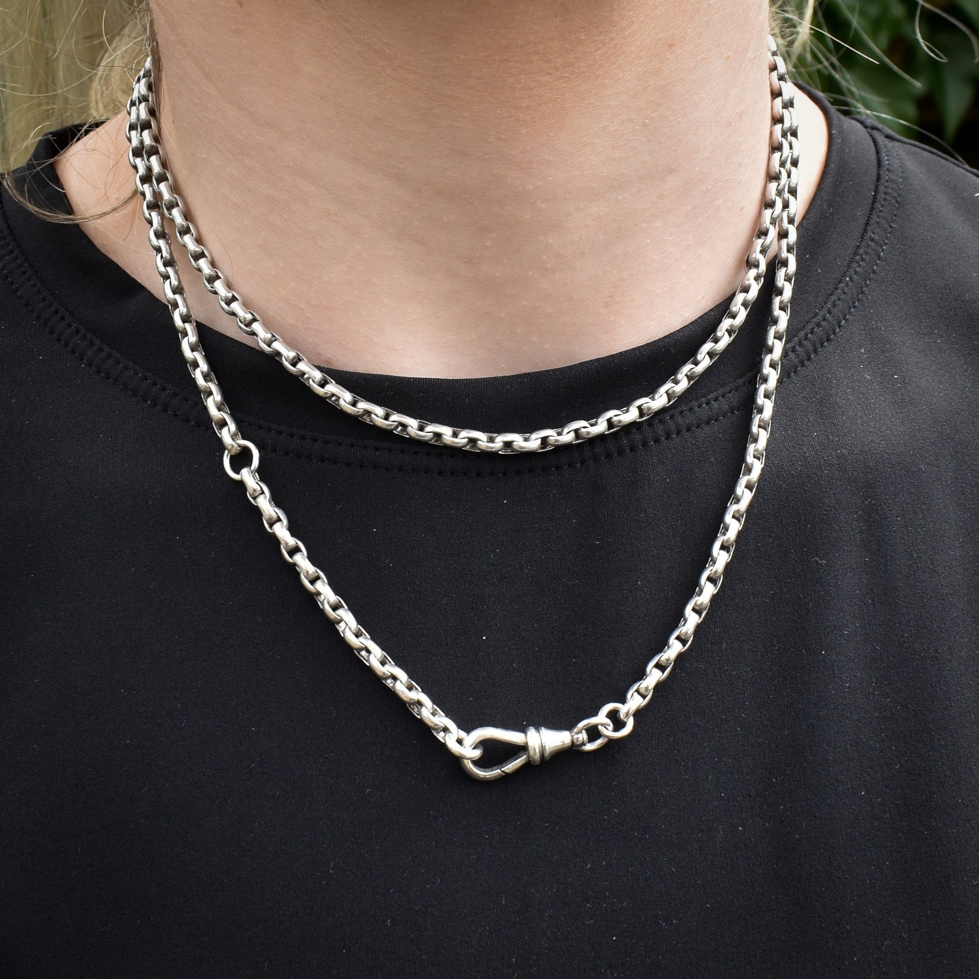 Antique Sterling Silver Long Guard Muff Chain Necklace with Dog Clip | 30" Length