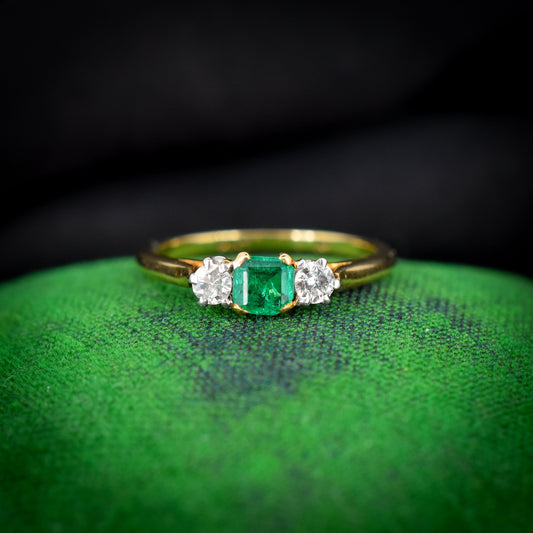 Art Deco Emerald and Diamond Trilogy Three Stone 18ct Gold Ring