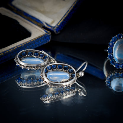 Antique Sapphire and Moonstone Silver Ring and Earrings Jewellery Set
