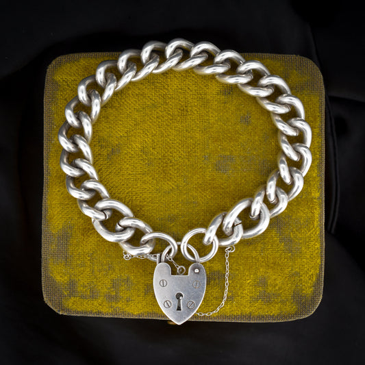 Vintage Heavy Chunky Heart Padlock Sterling Silver Curb Bracelet