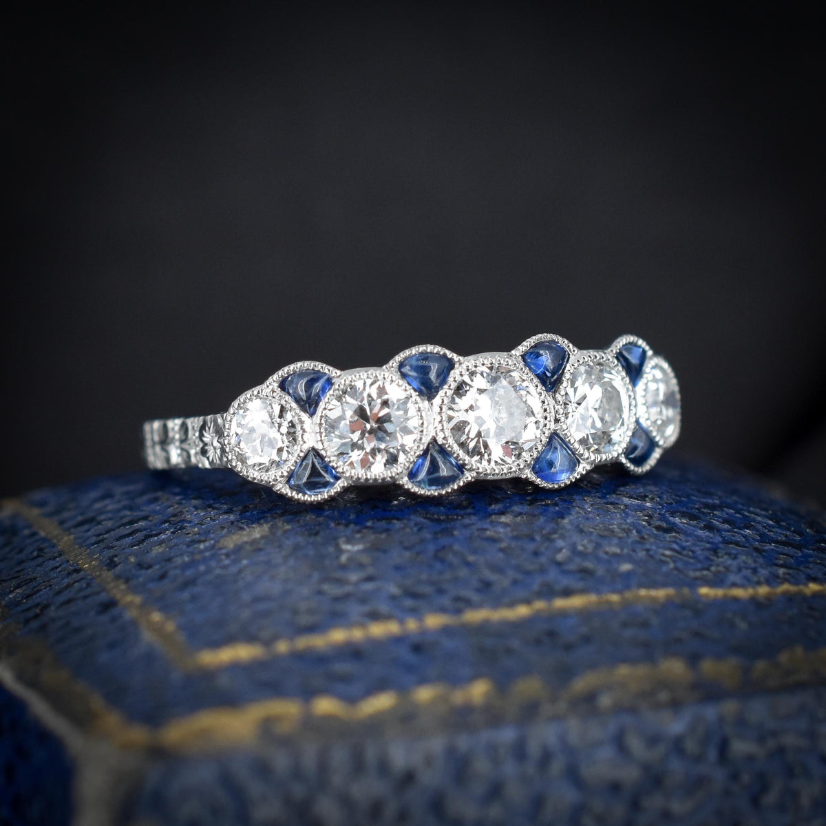 Old Cut Diamond and Blue Sapphire Five Stone Platinum Ring - 0.86ct total