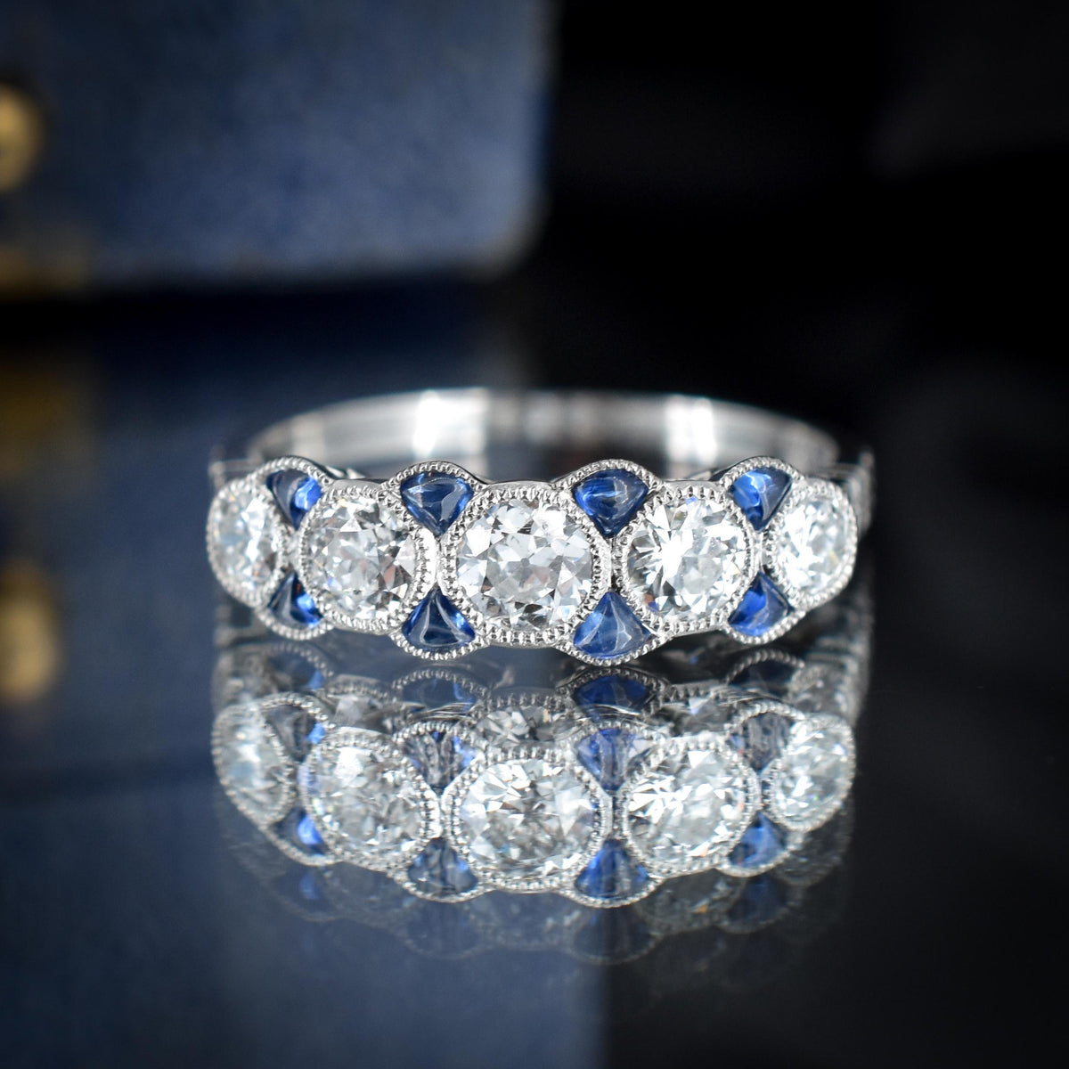 Old Cut Diamond and Blue Sapphire Five Stone Platinum Ring - 0.86ct total