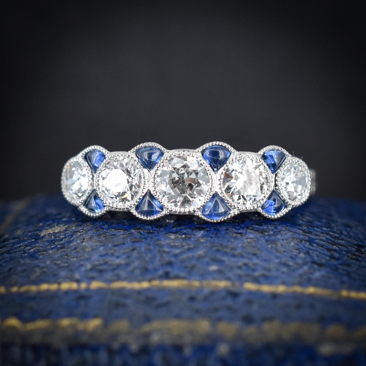 Old Cut Diamond and Blue Sapphire Five Stone Platinum Ring - 0.86ct total