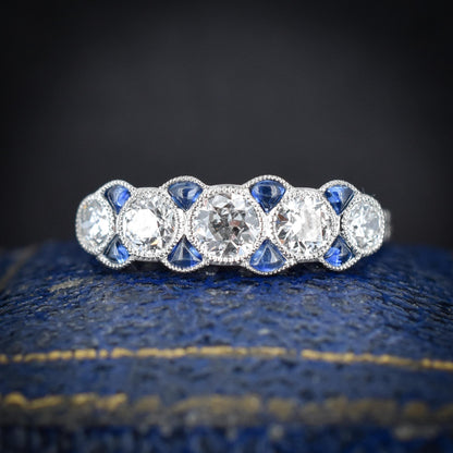 Old Cut Diamond and Blue Sapphire Five Stone Platinum Ring - 0.86ct total