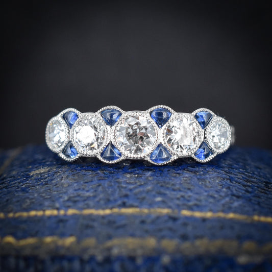 Old Cut Diamond and Blue Sapphire Five Stone Platinum Ring - 0.86ct total
