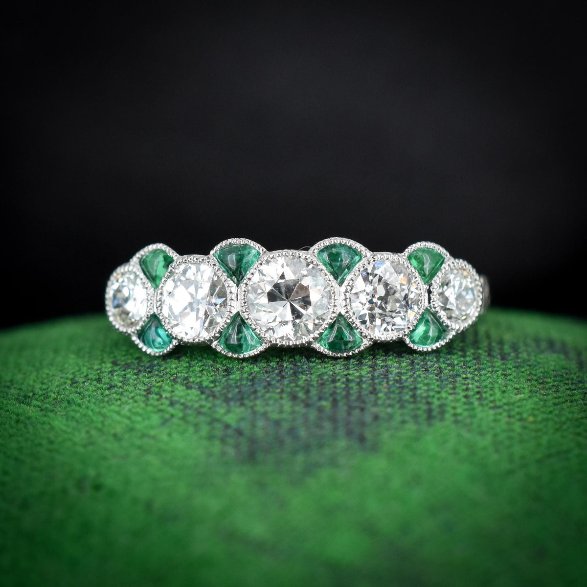 Old Cut Diamond and Emerald Five Stone Platinum Ring - 0.81ct total