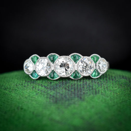 Old Cut Diamond and Emerald Five Stone Platinum Ring - 0.81ct total