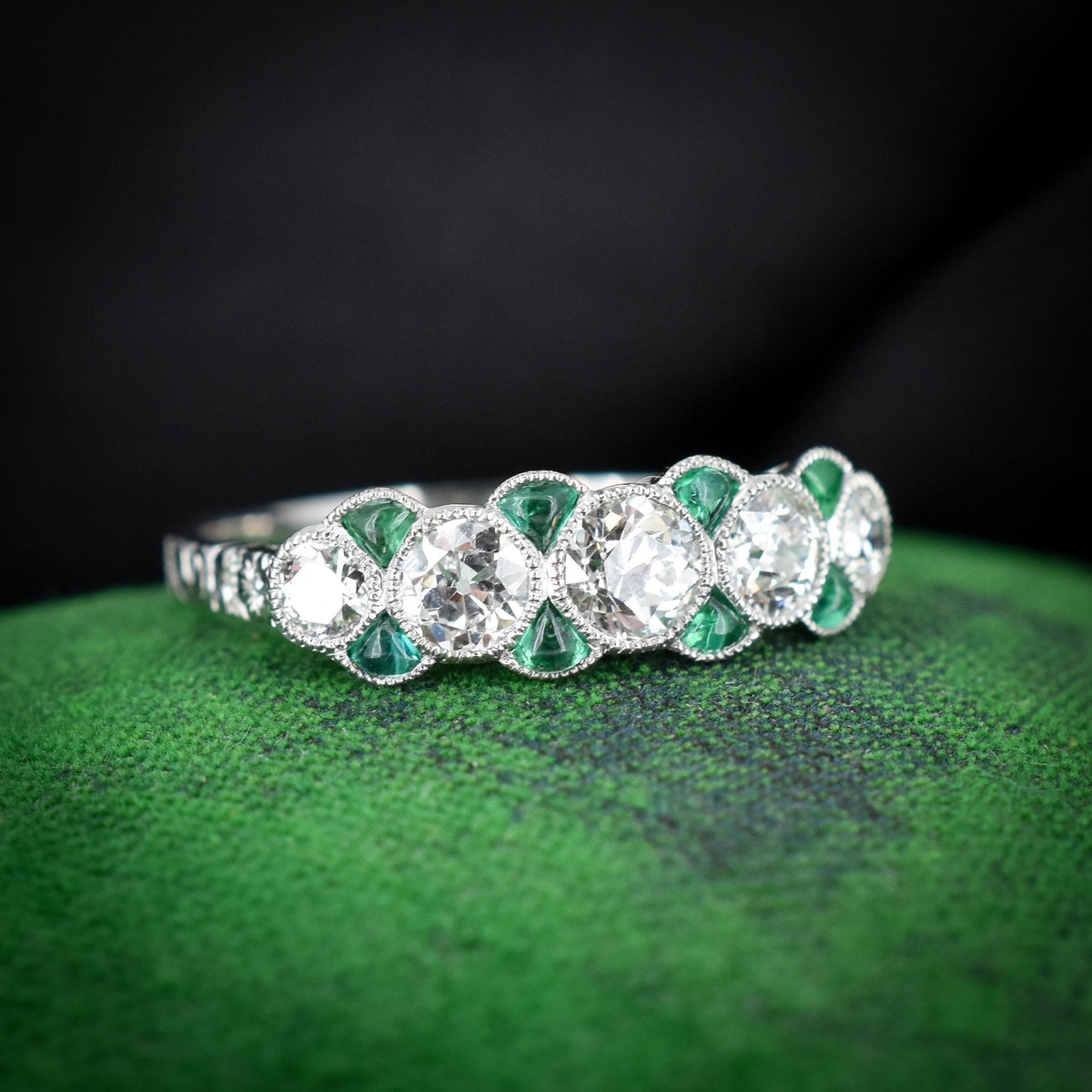 Old Cut Diamond and Emerald Five Stone Platinum Ring - 0.81ct total