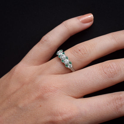 Old Cut Diamond and Emerald Five Stone Platinum Ring - 0.81ct total