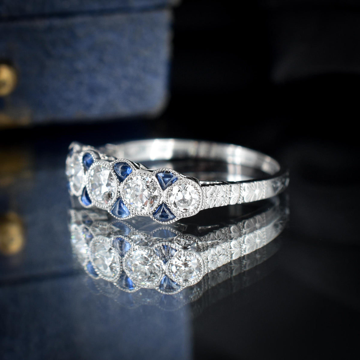 Old Cut Diamond and Blue Sapphire Five Stone Platinum Ring - 0.86ct total