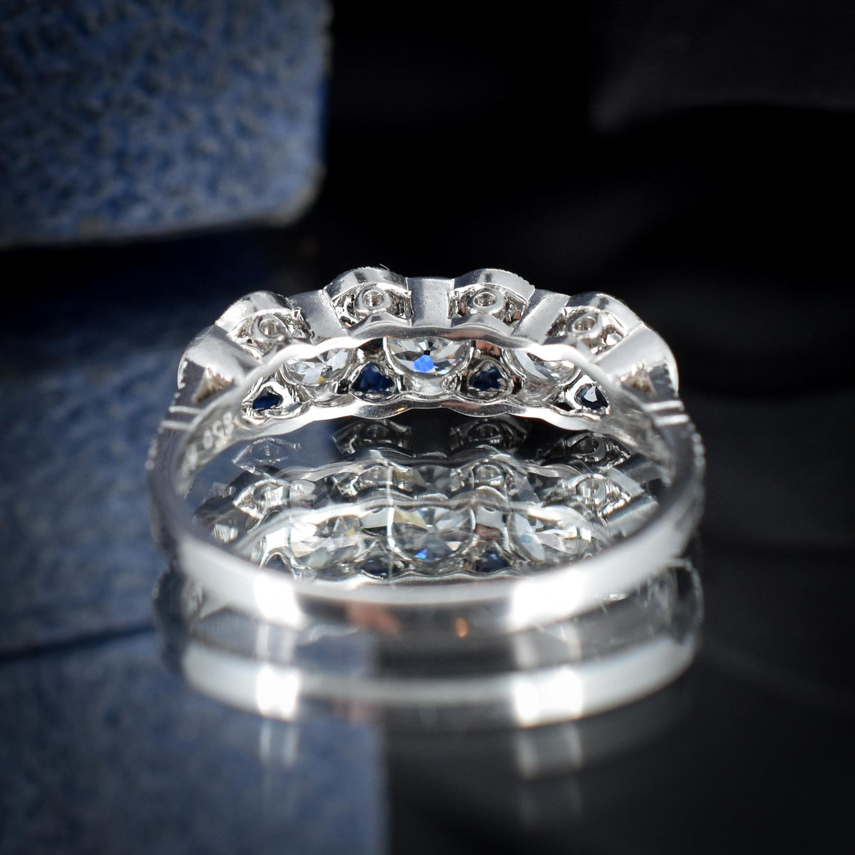 Old Cut Diamond and Blue Sapphire Five Stone Platinum Ring - 0.86ct total