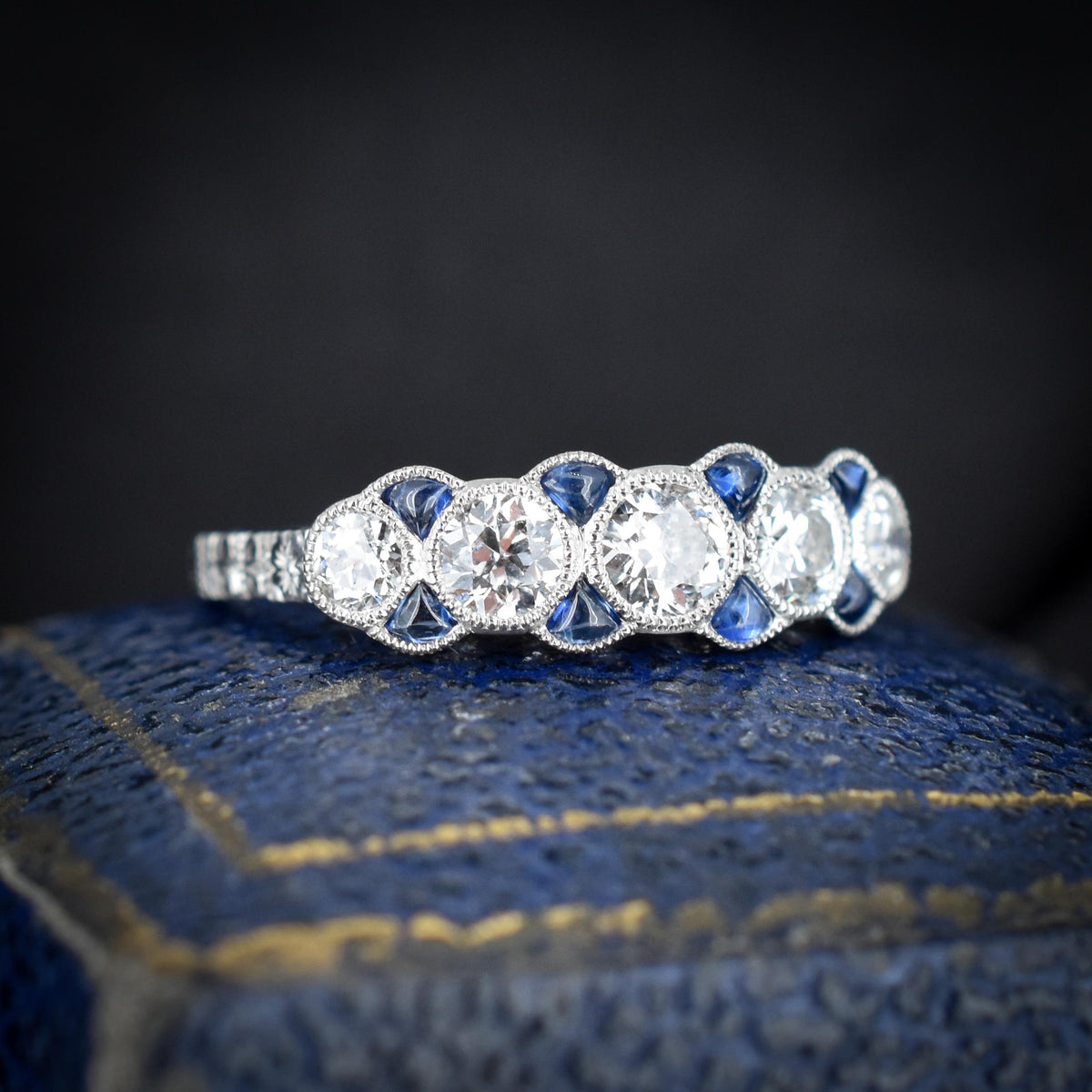 Old Cut Diamond and Blue Sapphire Five Stone Platinum Ring - 0.86ct total