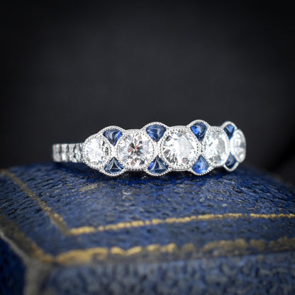 Old Cut Diamond and Blue Sapphire Five Stone Platinum Ring - 0.86ct total