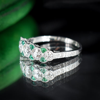 Old Cut Diamond and Emerald Five Stone Platinum Ring - 0.81ct total