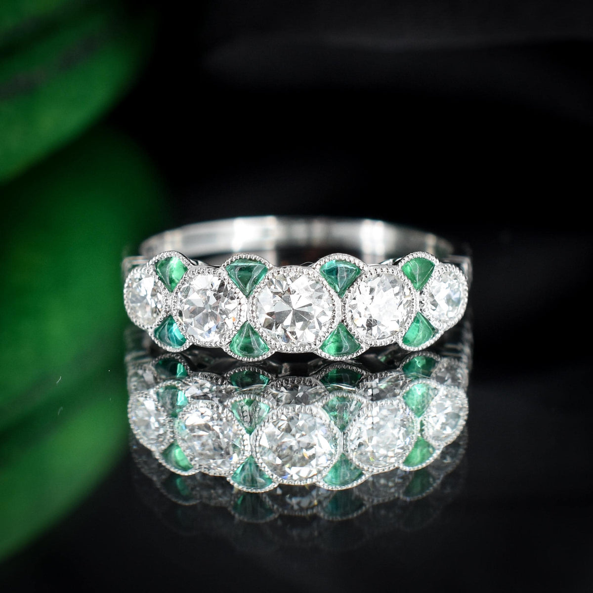 Old Cut Diamond and Emerald Five Stone Platinum Ring - 0.81ct total