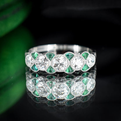 Old Cut Diamond and Emerald Five Stone Platinum Ring - 0.81ct total