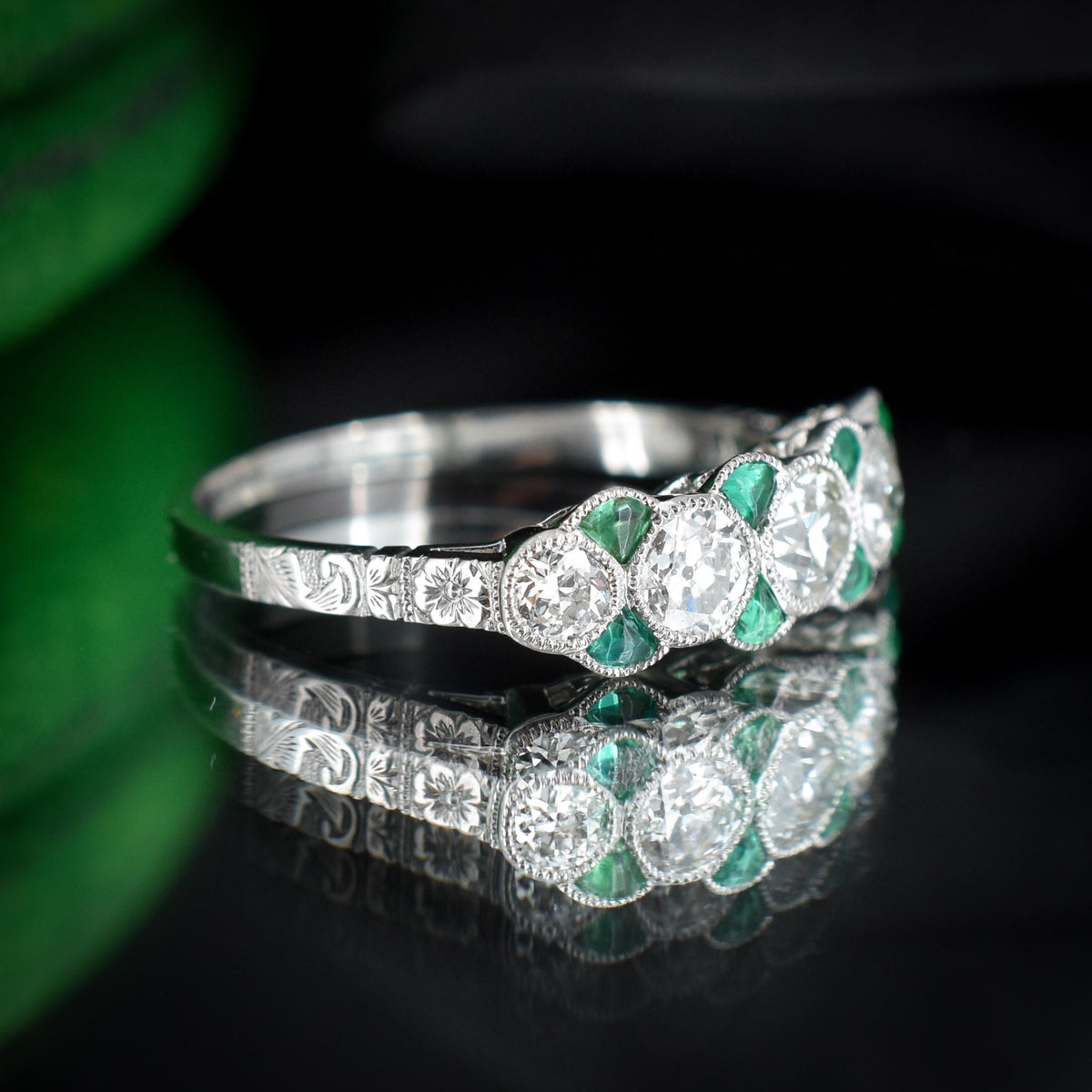 Old Cut Diamond and Emerald Five Stone Platinum Ring - 0.81ct total