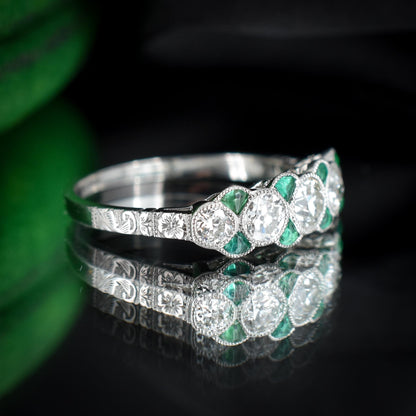 Old Cut Diamond and Emerald Five Stone Platinum Ring - 0.81ct total