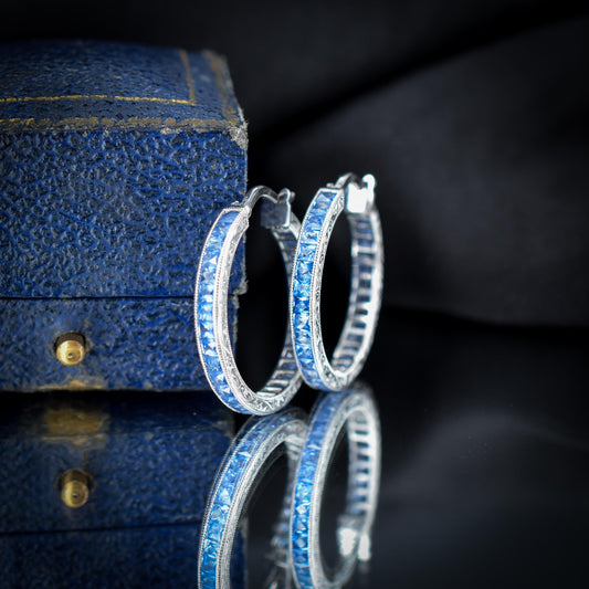 3.6ct Ceylon Blue Sapphire Hoop Engraved Platinum Earrings