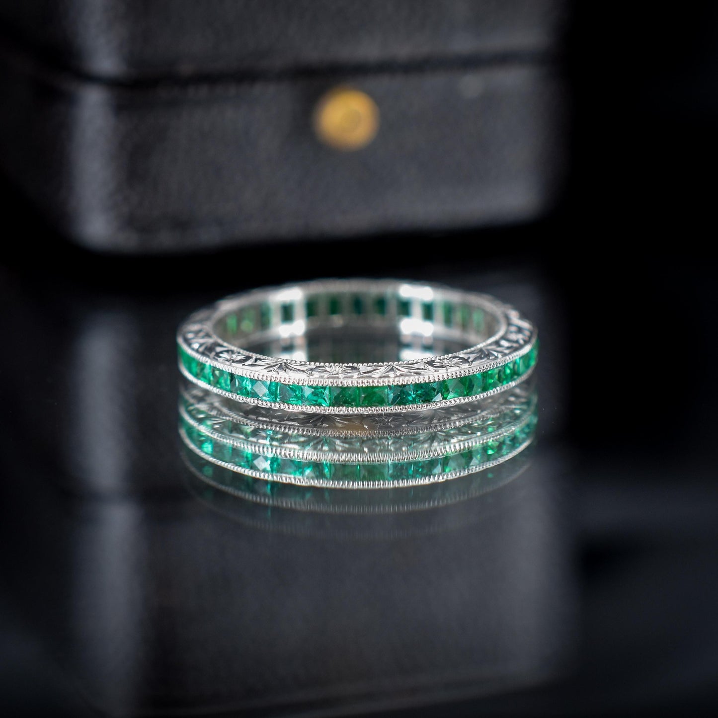 Art Deco Style 0.70ct French Cut Emerald Platinum Full Eternity Wedding Band Ring