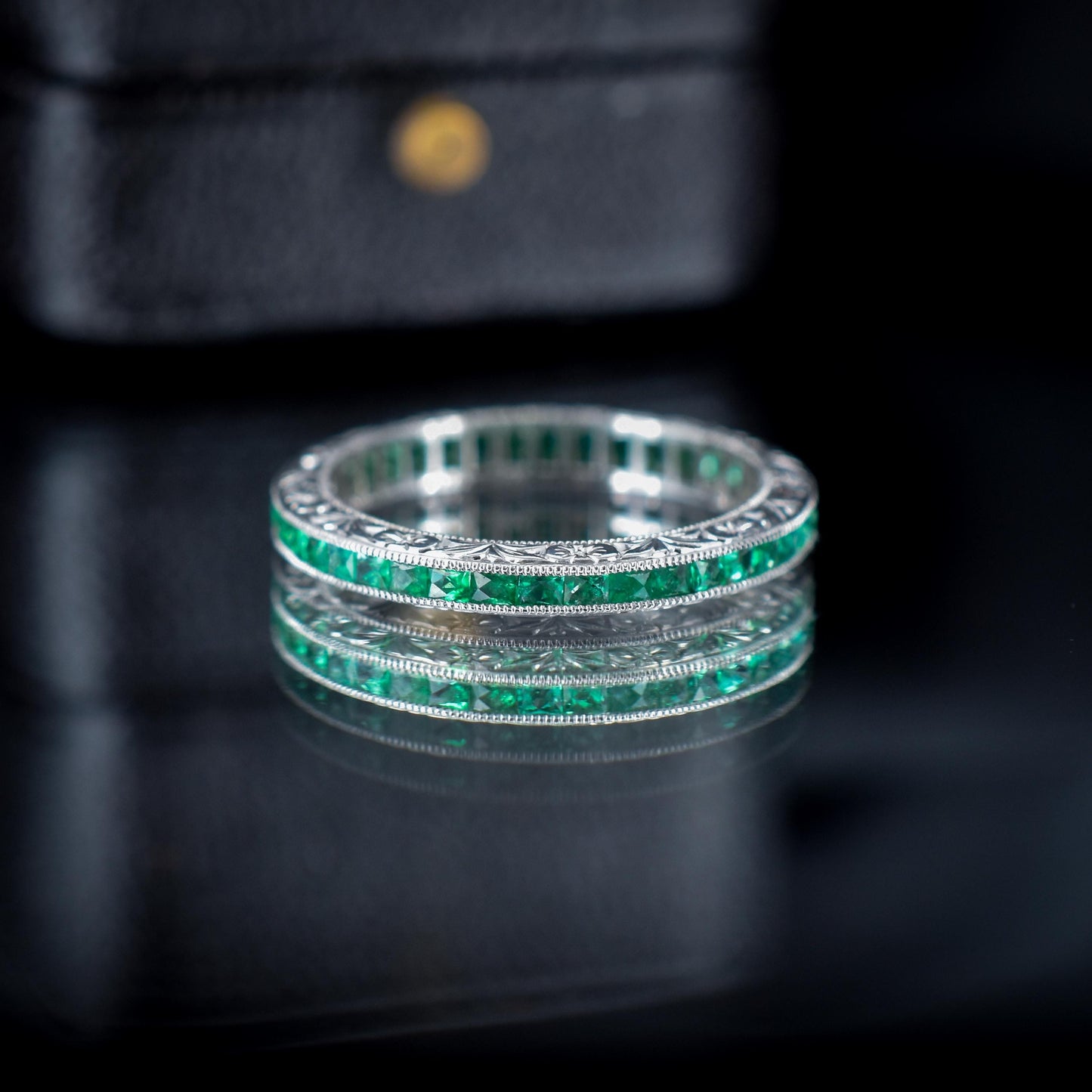 Art Deco Style 0.70ct French Cut Emerald Platinum Full Eternity Wedding Band Ring