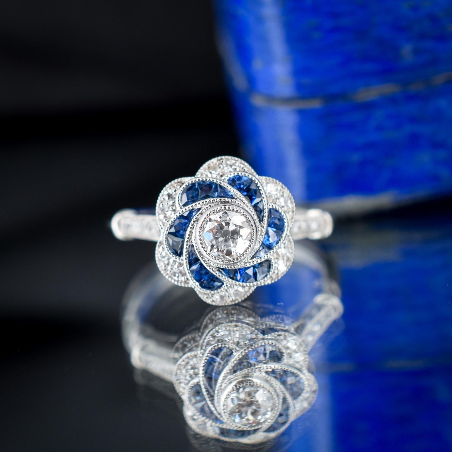 Art Deco Style Sapphire and Old Cut Diamond Flower Cluster Platinum Ring