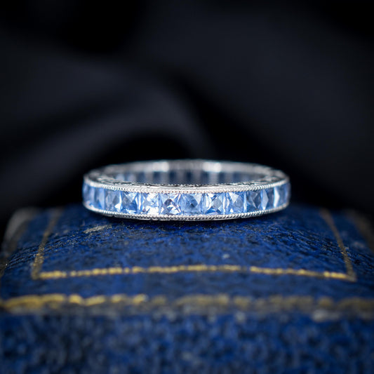 Art Deco Style 1.7ct Ceylon Sapphire Platinum Full Eternity Wedding Band Ring | Size 5