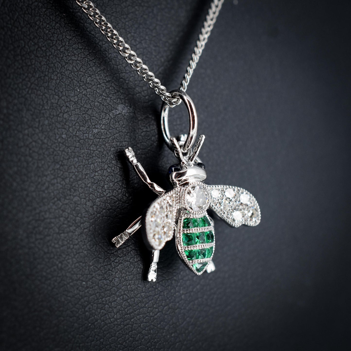 French Cut Emerald and Diamond Platinum Insect Bee Pendant