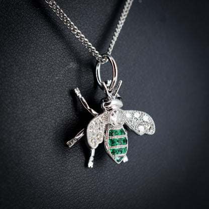 French Cut Emerald and Diamond Platinum Insect Bee Pendant