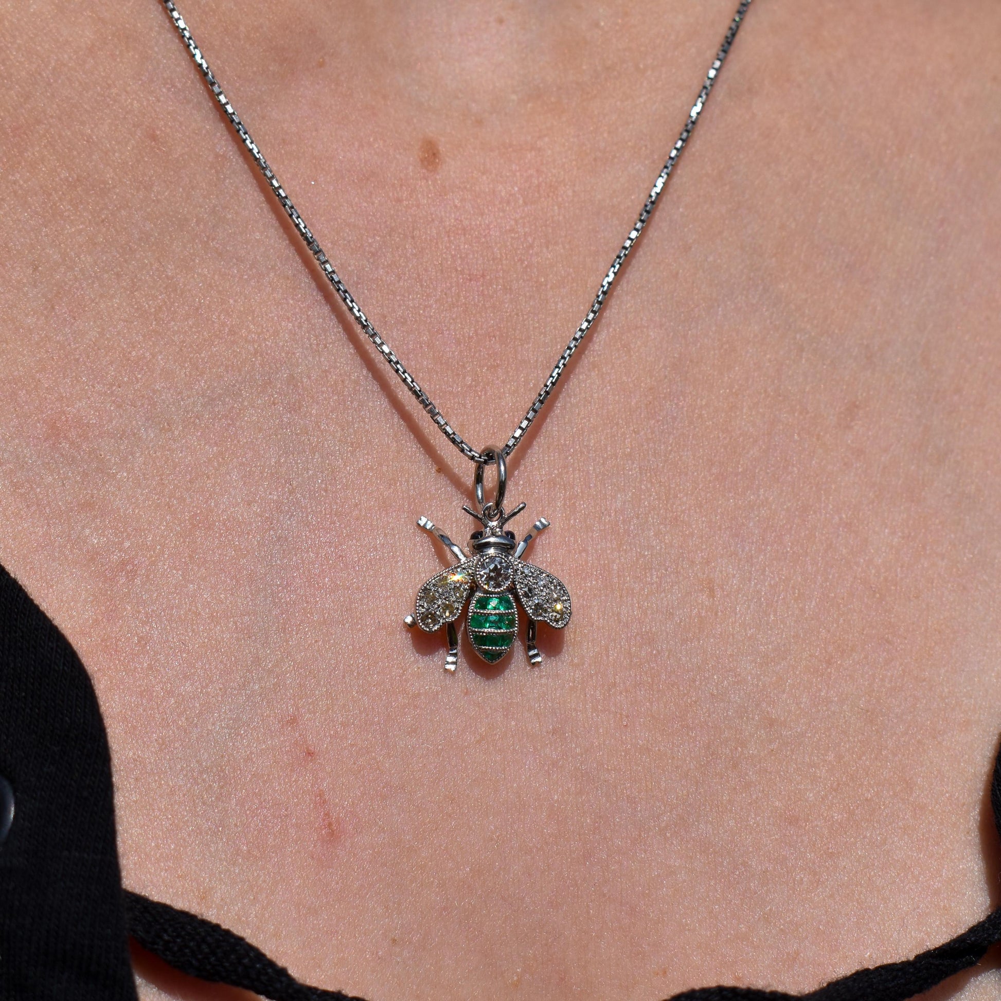 French Cut Emerald and Diamond Platinum Insect Bee Pendant