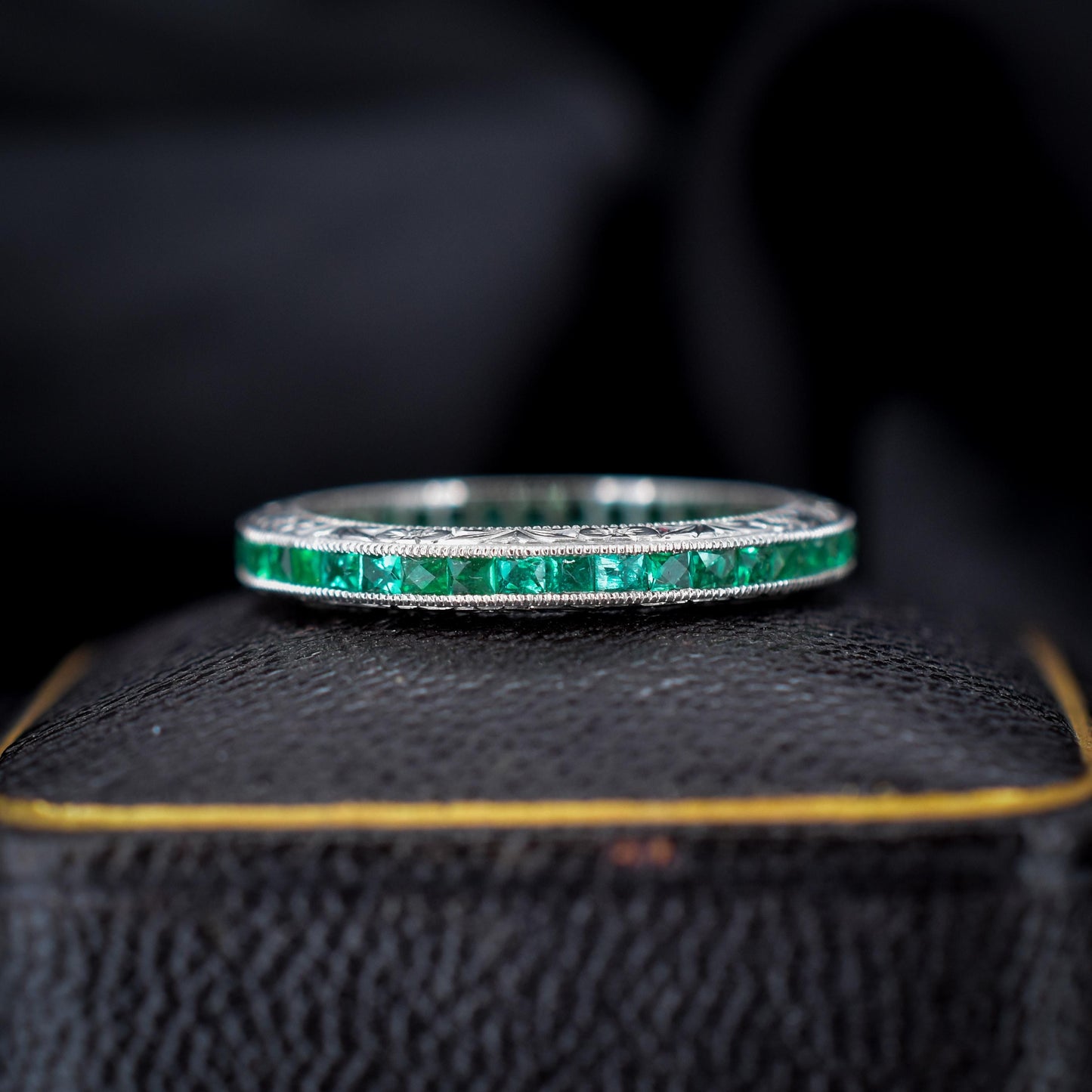 Art Deco Style 0.70ct French Cut Emerald Platinum Full Eternity Wedding Band Ring