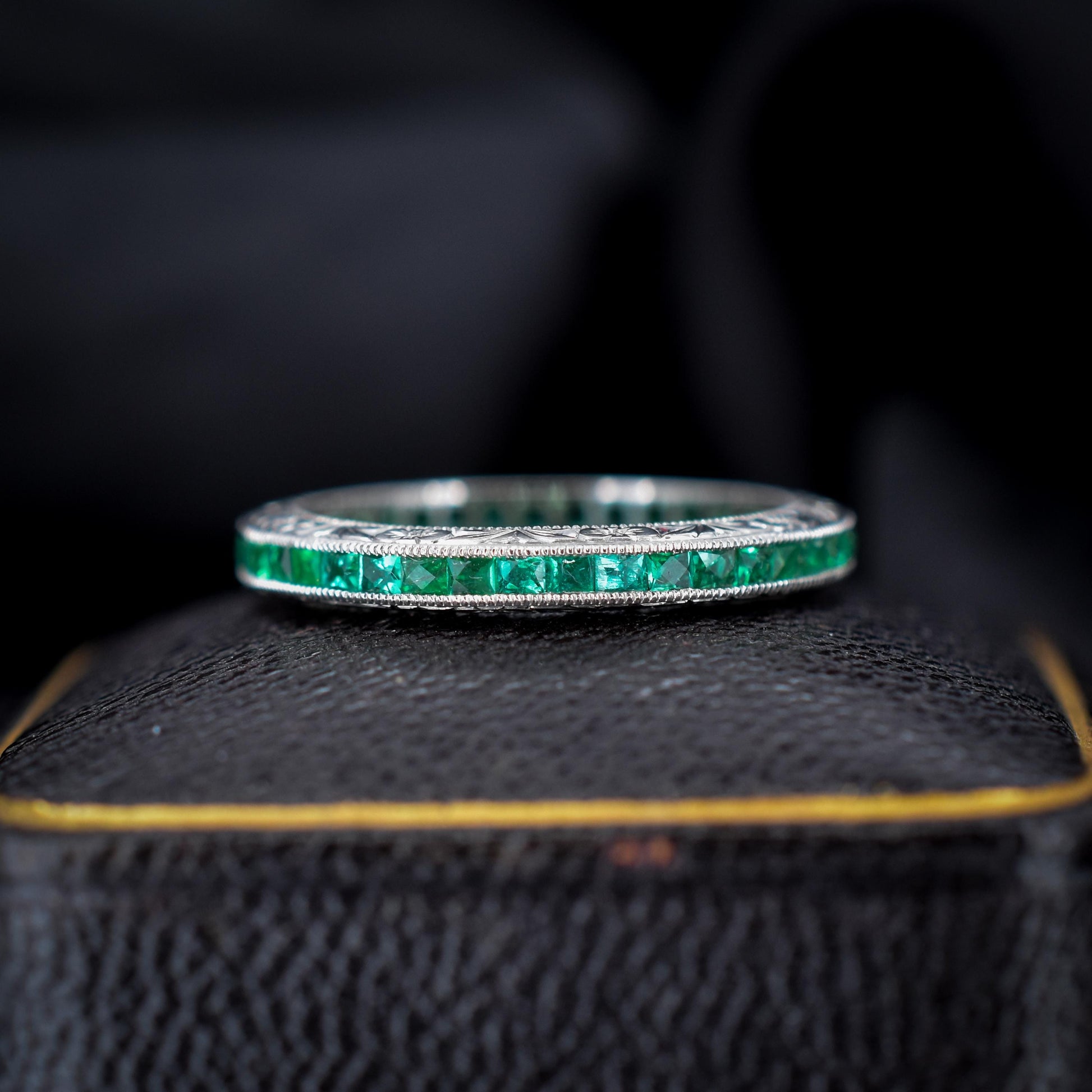 Art Deco Style 0.70ct French Cut Emerald Platinum Full Eternity Wedding Band Ring