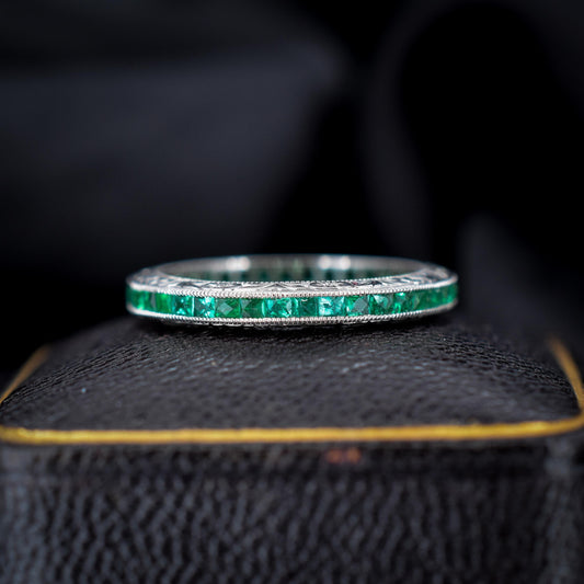 Art Deco Style 0.70ct French Cut Emerald Platinum Full Eternity Wedding Band Ring