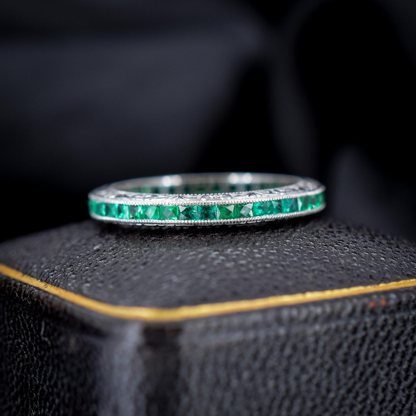 Art Deco Style 0.70ct French Cut Emerald Platinum Full Eternity Wedding Band Ring