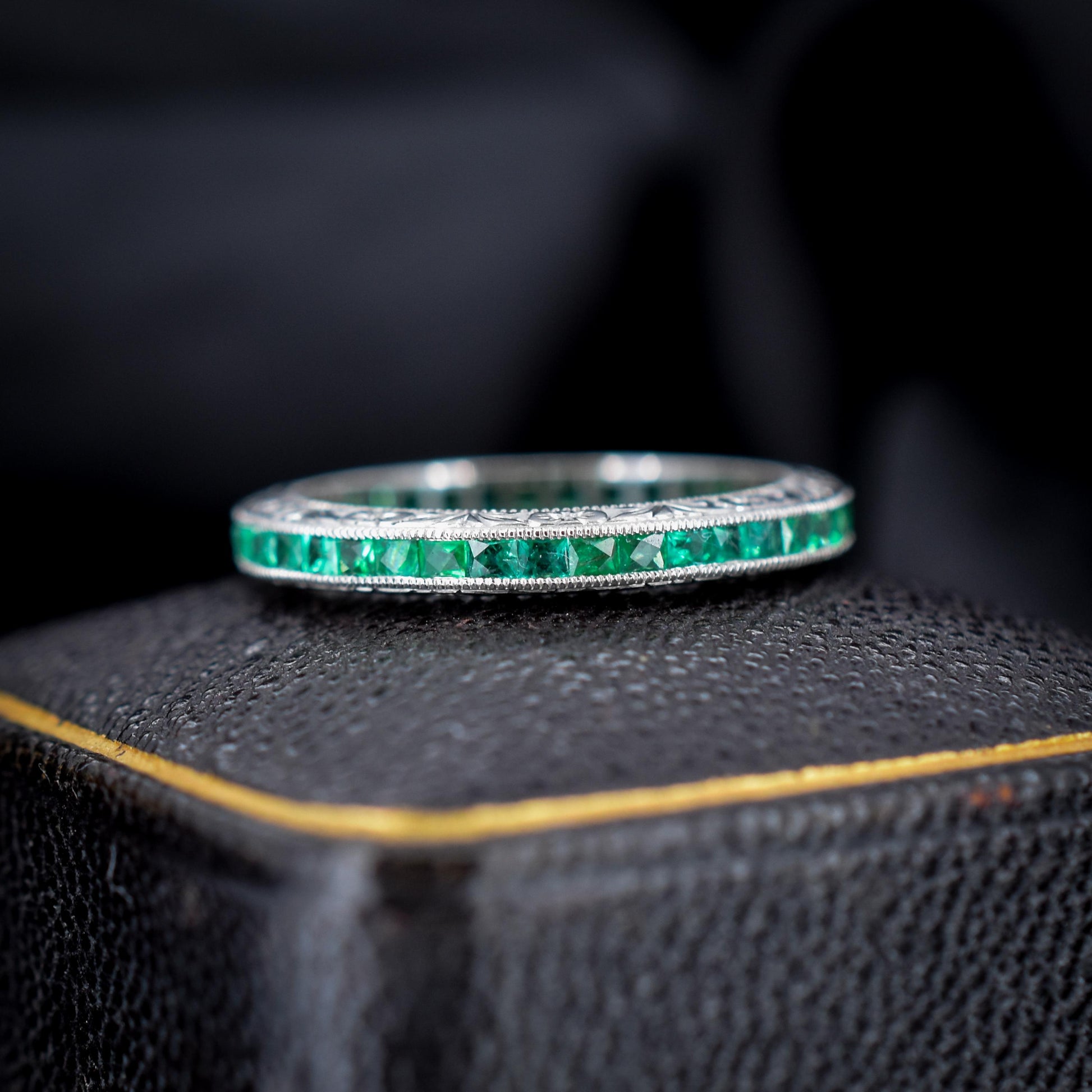 Art Deco Style 0.70ct French Cut Emerald Platinum Full Eternity Wedding Band Ring