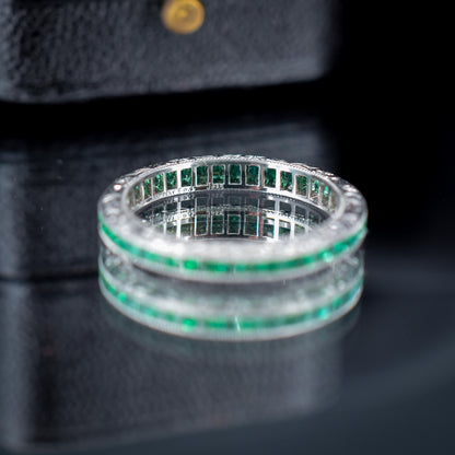 Art Deco Style 0.70ct French Cut Emerald Platinum Full Eternity Wedding Band Ring